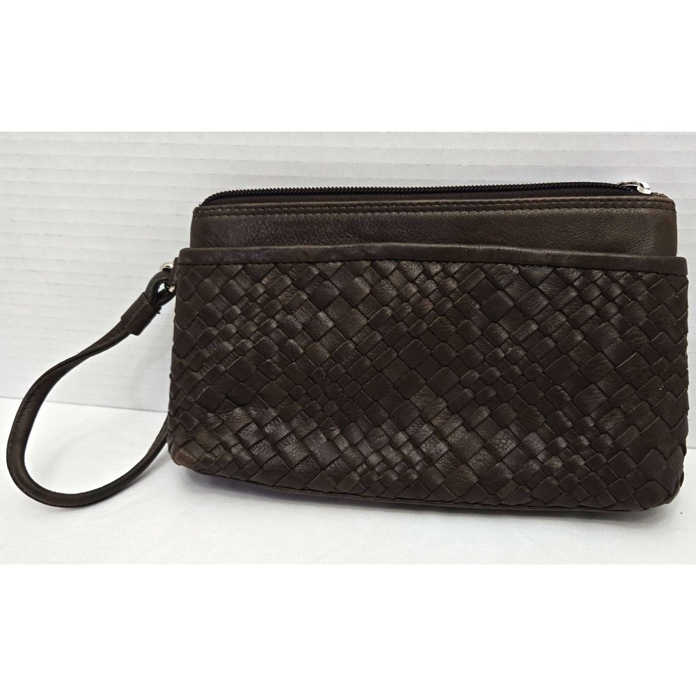 ili New York Brown Woven Genuine Leather RFID Blocking Wristlet Clutch Wallet